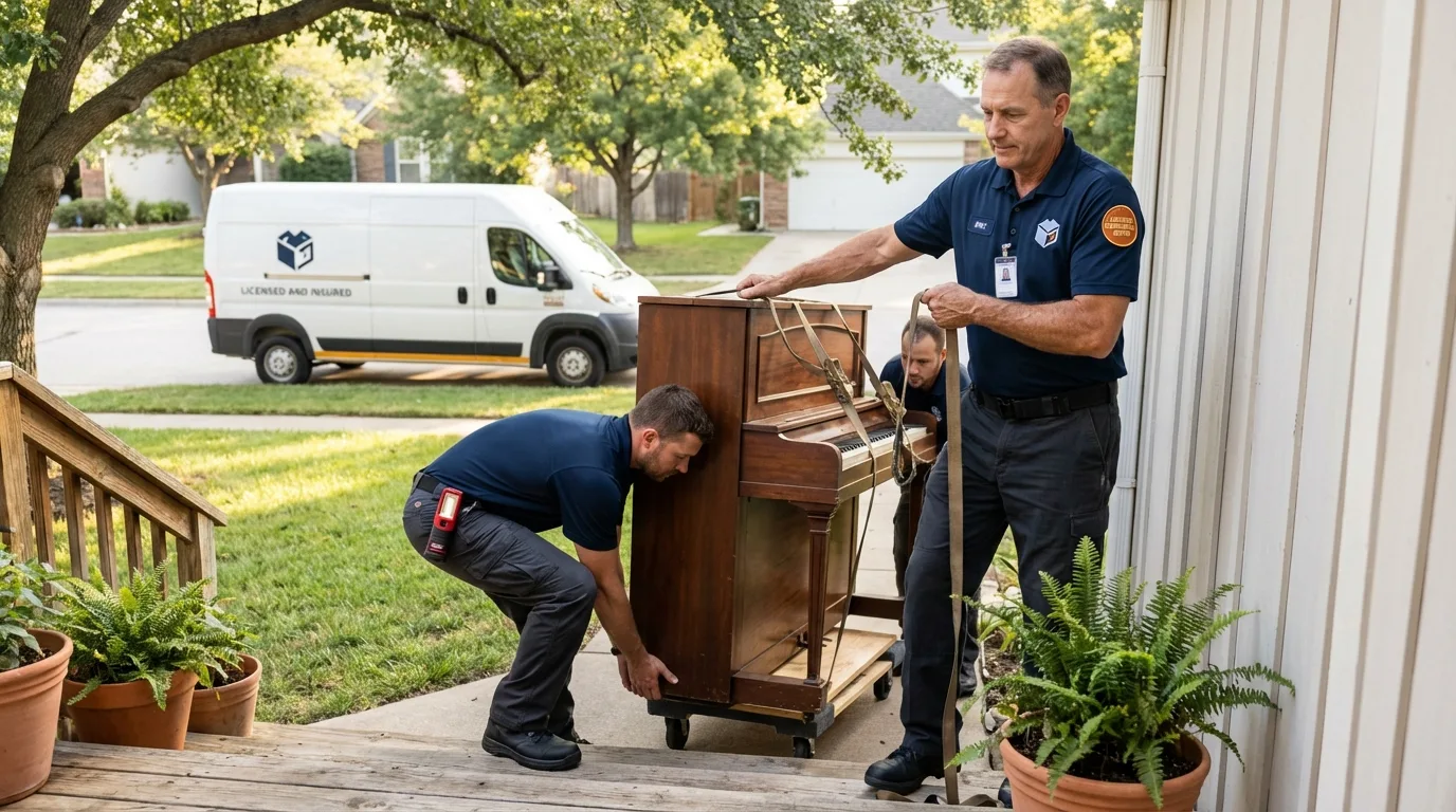Licensed piano movers securing grand piano in Marked Tree, AR
