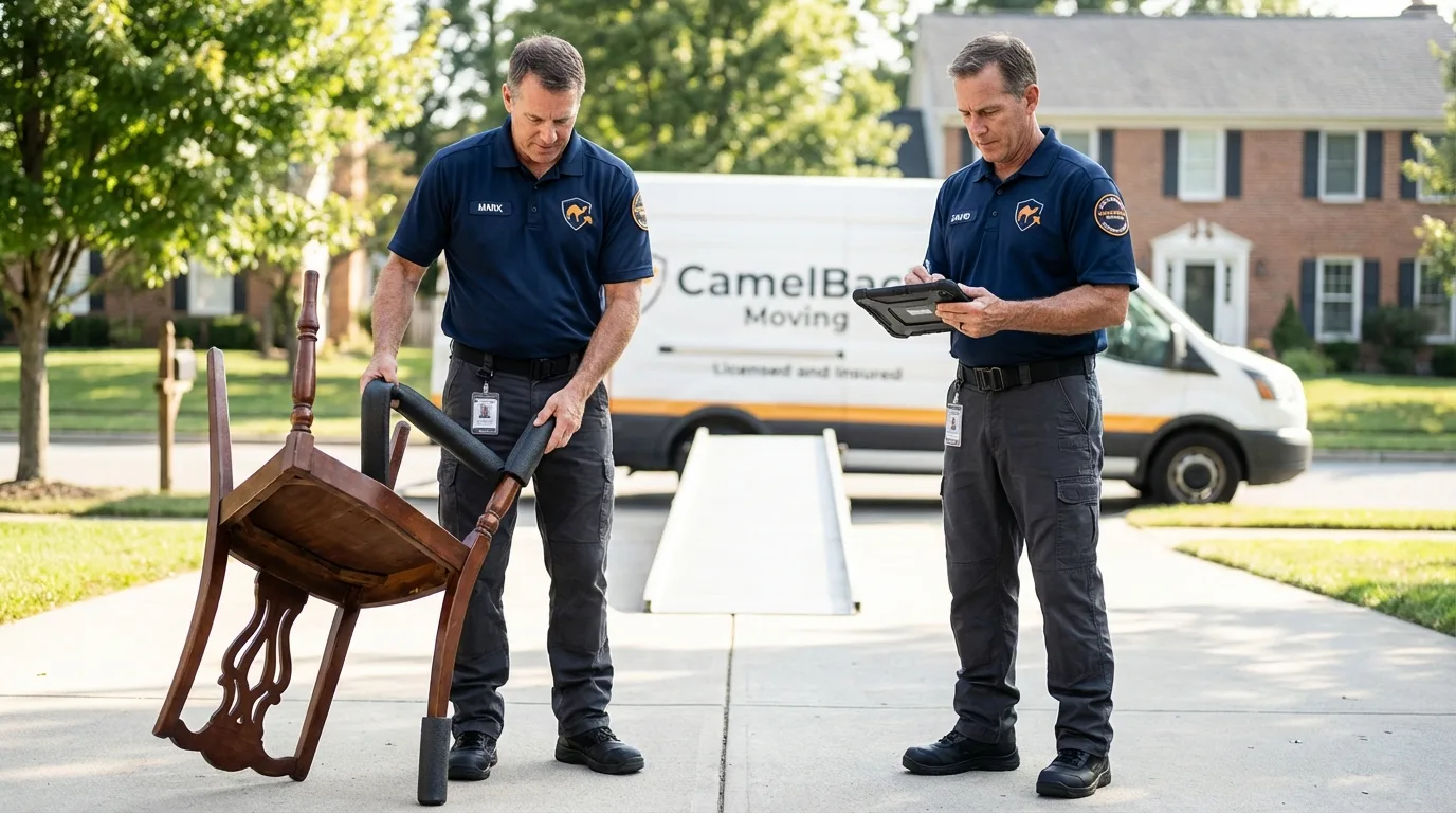 Movers inspecting furniture for damage prevention before loading in Marked Tree, AR