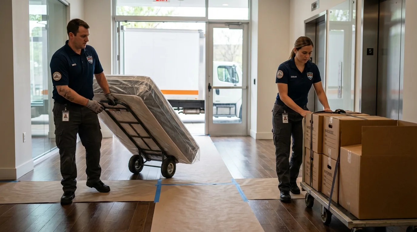 Professional apartment movers loading elevator in Marked Tree, AR
